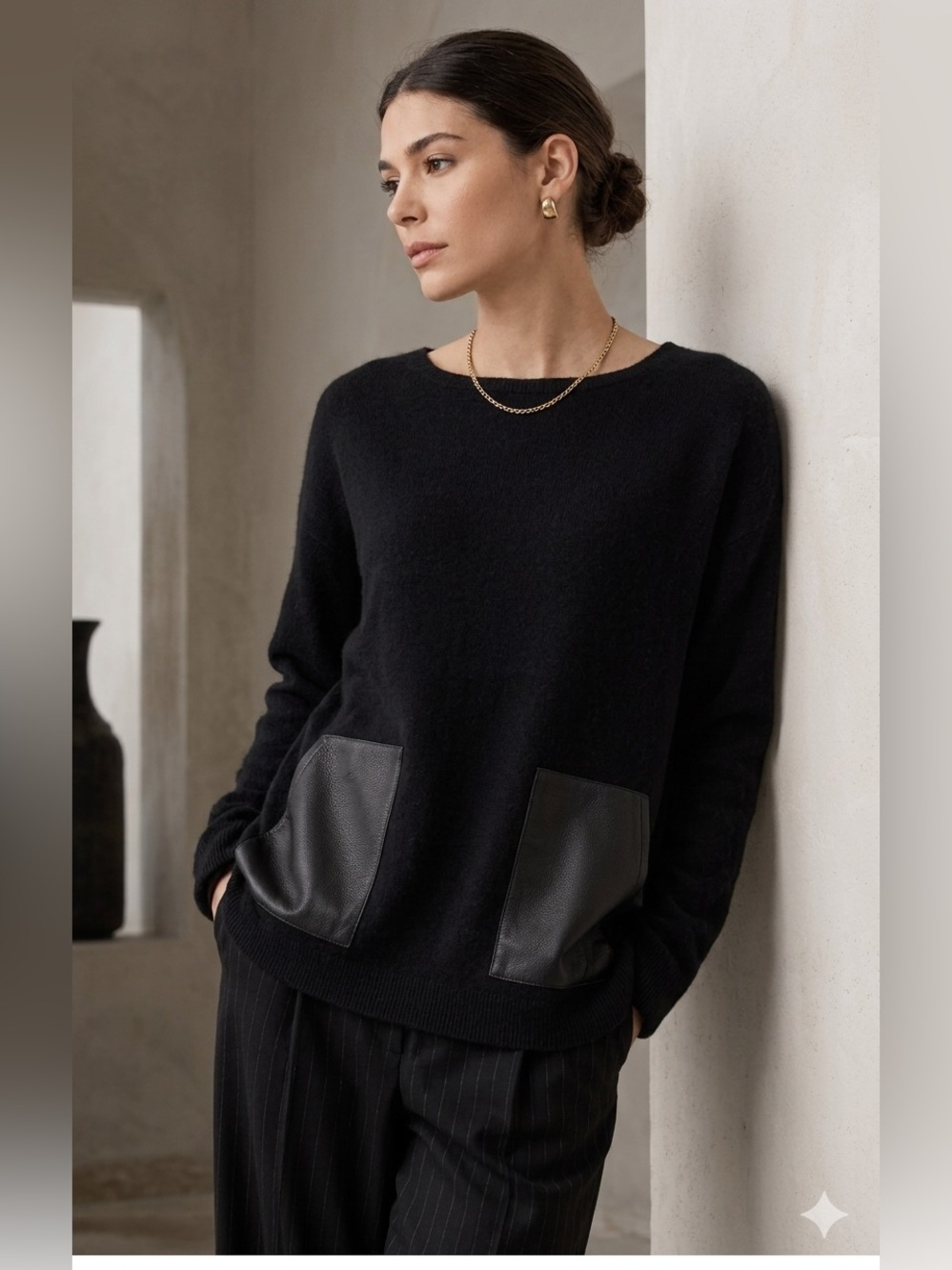 J.Crew  Black Merino wool Crewneck Sweater with Faux Leather Patch Pockets XS